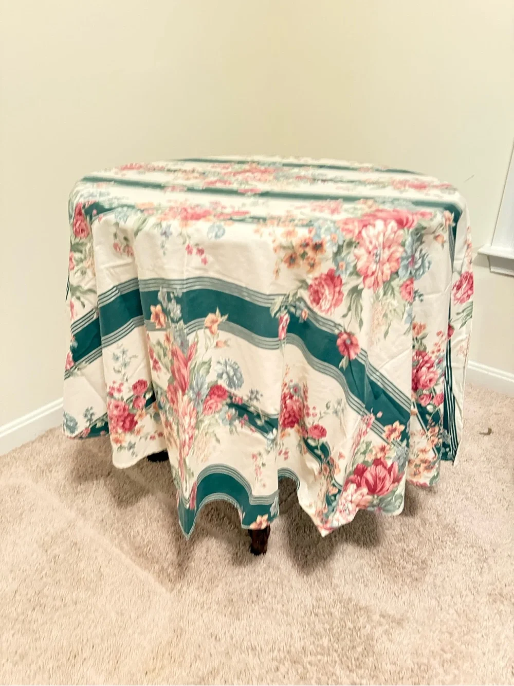 Floral Stripe Round Tablecloth in Green and Pink by Croscill ( Granada print )